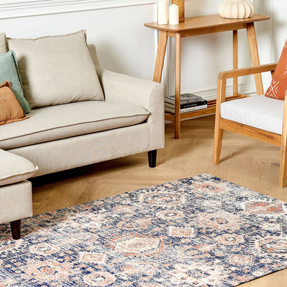 Cotton Area Rug Blue Red 140 x 200cm Rectangular Oriental Boho Hallway Rug