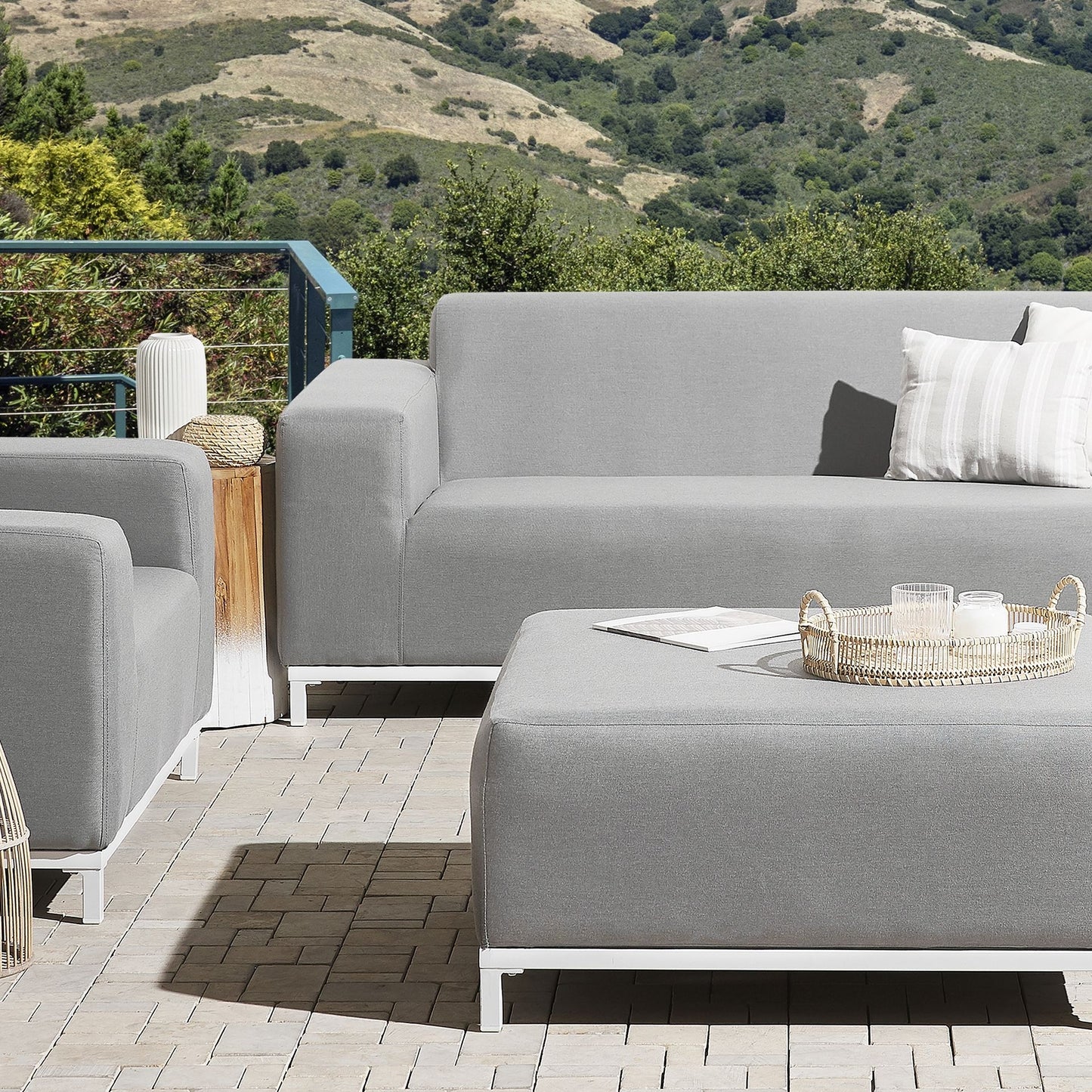 Ottoman Light Grey Polyester Upholstery With White Aluminium Legs Metal Frame Outdoor Indoor Water Resistant