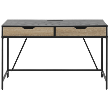 Black Wood Top Desk With Light Wood Two Drawers Metal Base 120 x 60cm Minimalist Design
