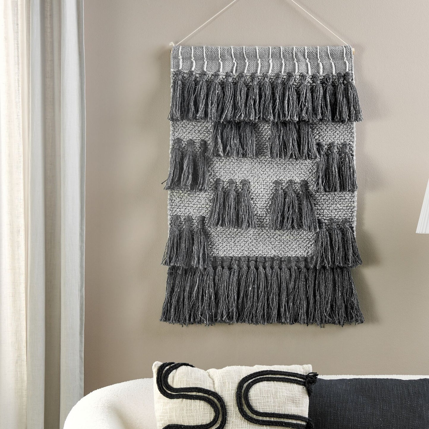 Grey Cotton Wall Hanging With Tassels Handwoven Boho Modern Decor For Living Room