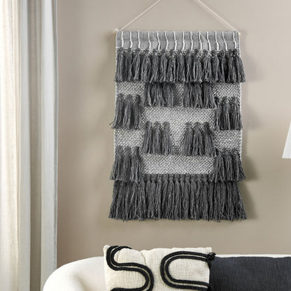 Grey Cotton Wall Hanging With Tassels Handwoven Boho Modern Decor For Living Room