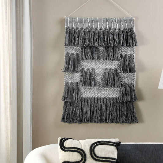 Grey Cotton Wall Hanging With Tassels Handwoven Boho Modern Decor For Living Room