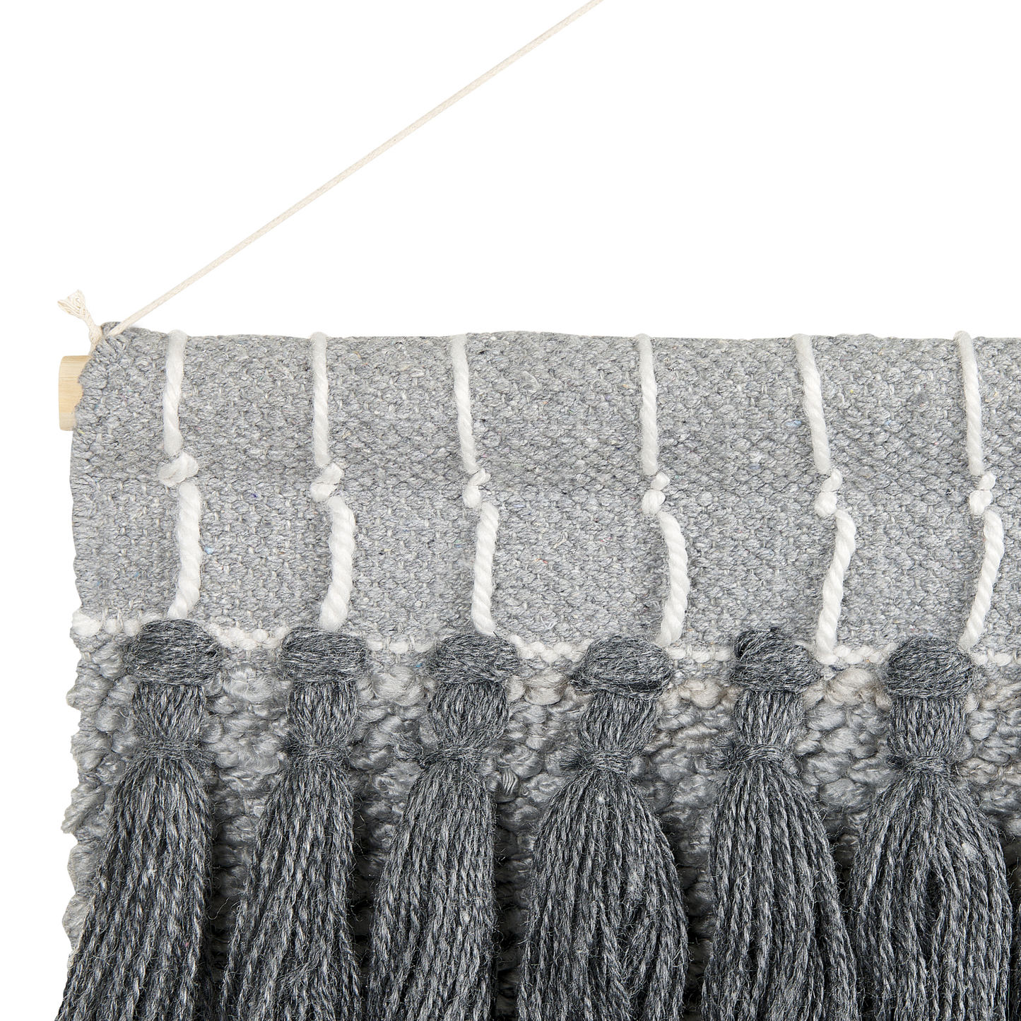 Grey Cotton Wall Hanging With Tassels Handwoven Boho Modern Decor For Living Room