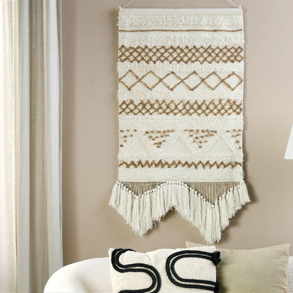 Beige Cotton Wall Hanging Light Handwoven With Tassels