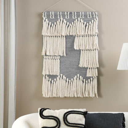 Handwoven Wall Hanging Grey Beige Cotton Tassels for Bohemian Living Room Decor