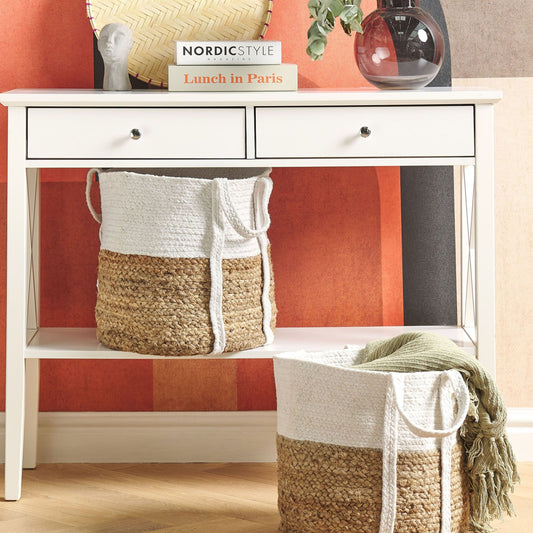 Home Natural White Braided Jute Cotton Baskets Set of 2