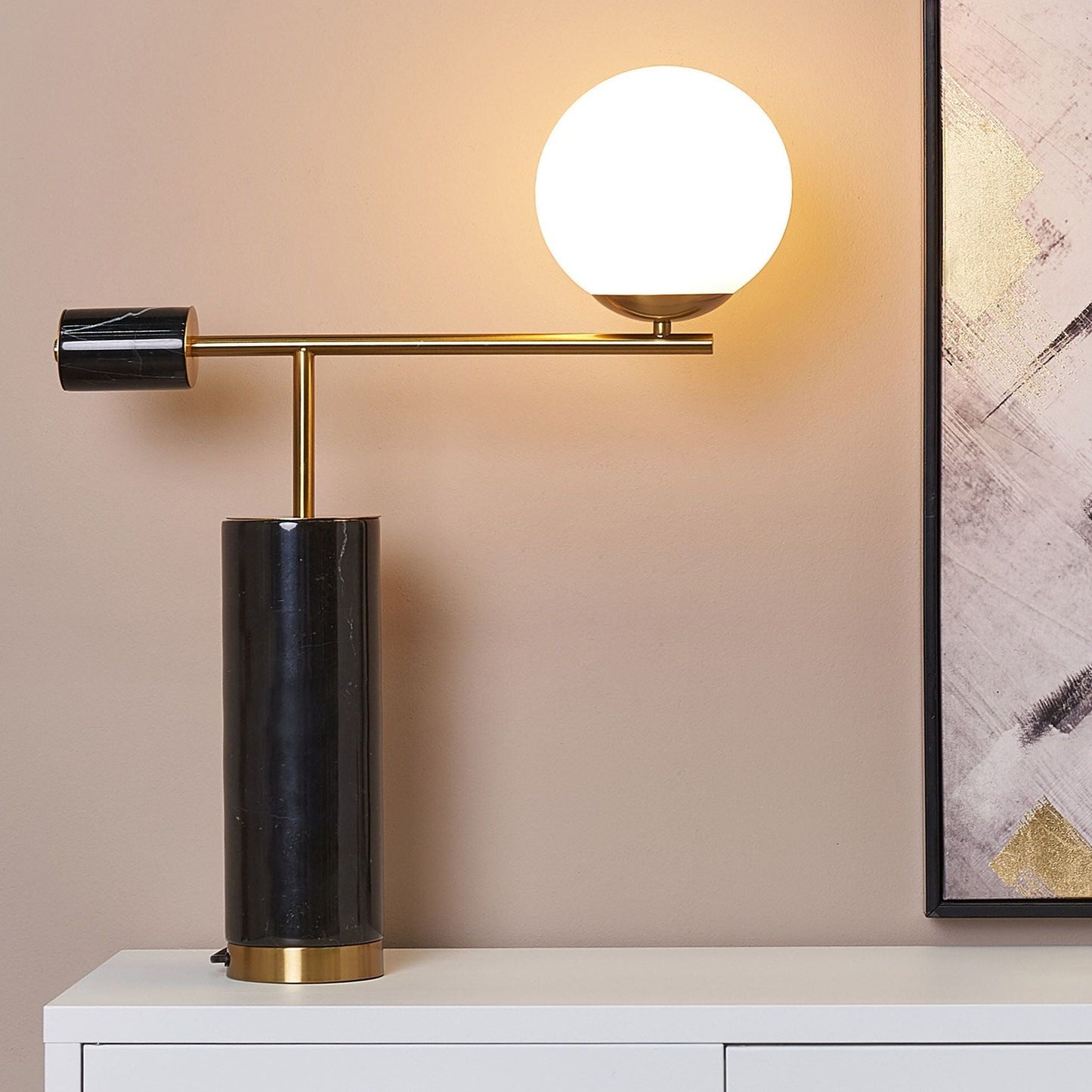 Table Lamp Black and Gold Marble Base Glass Shade for Modern Living Room and Bedroom