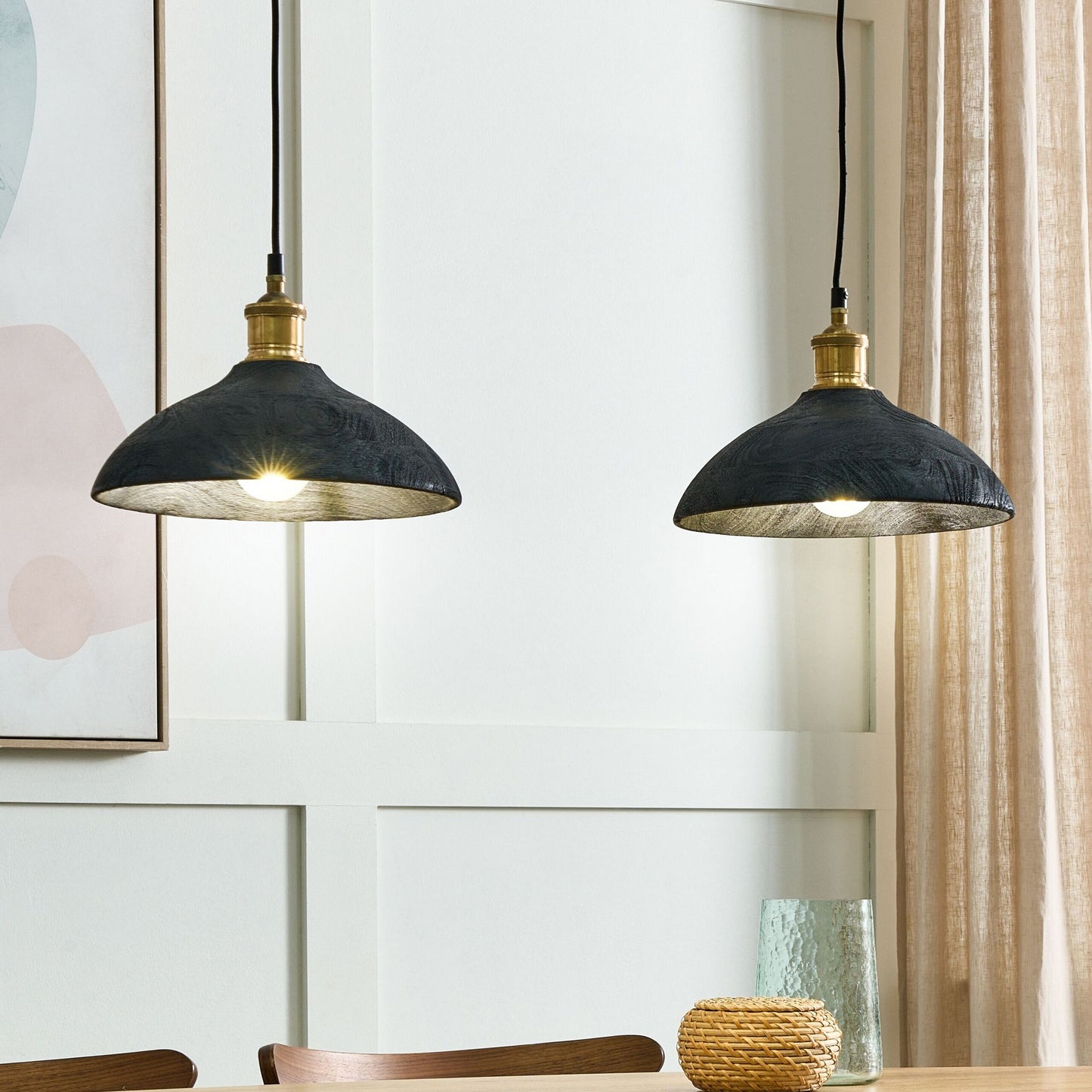 Pendant Lamp Black Natural Wood Shade Ceiling Light Handmade