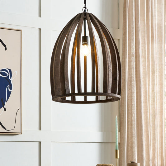 Pendant Lamp Dark Brown Natural Wooden Cage Shade Handmade