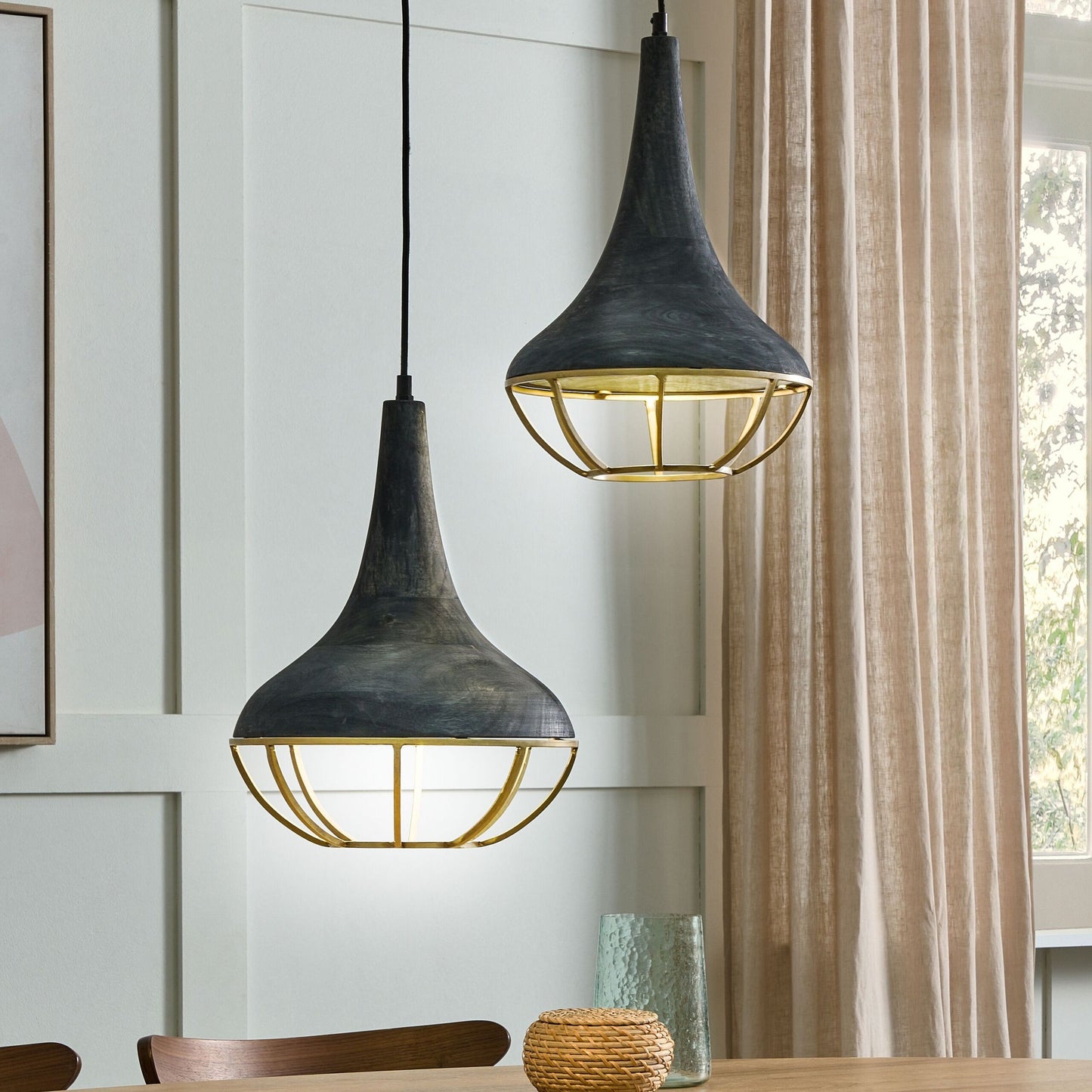 Lighting Pendant Lamp Black Wood Shade Two Point Boho Ceiling Light Handmade