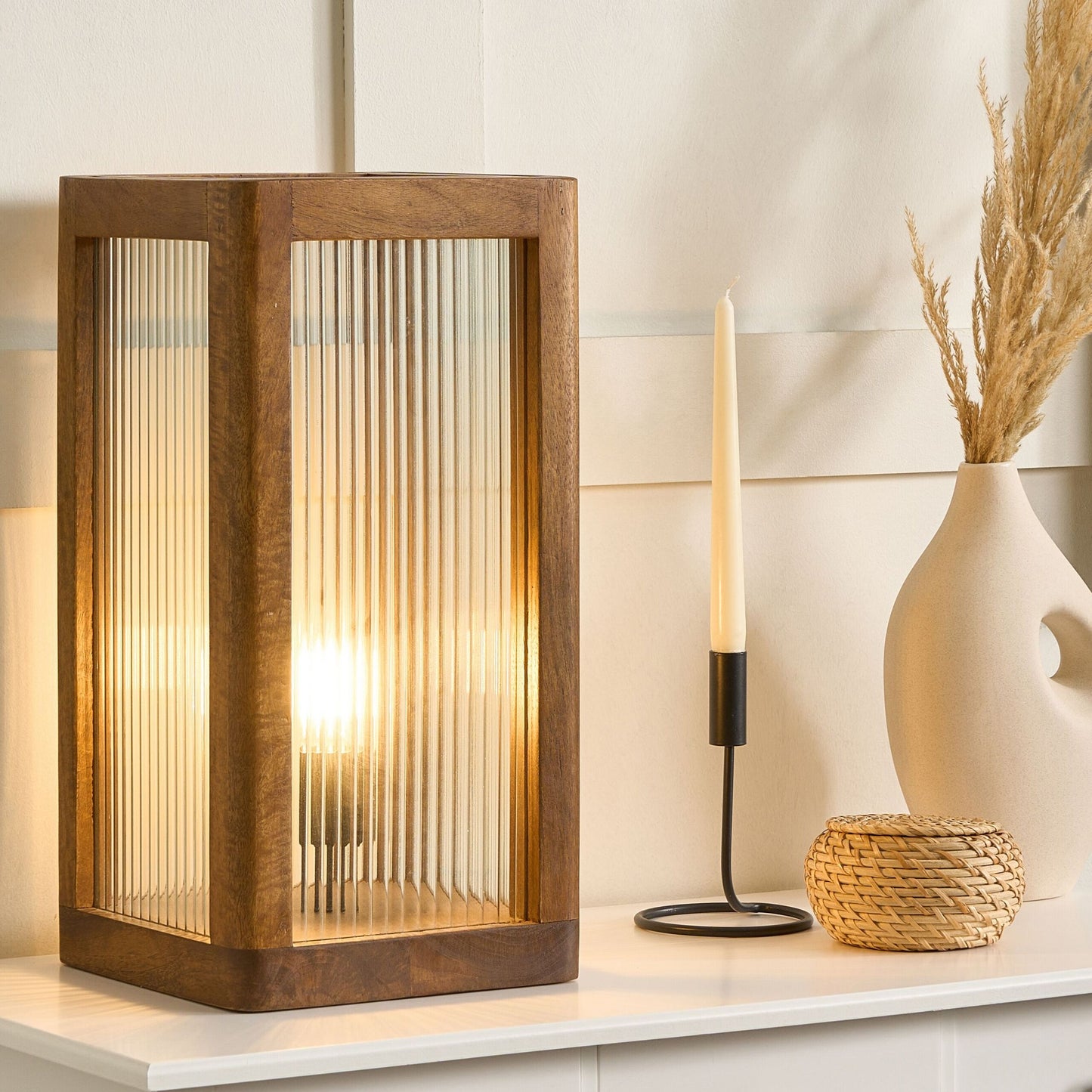 Mango Wood Table Lamp Glass Panels Industrial Modern Decor