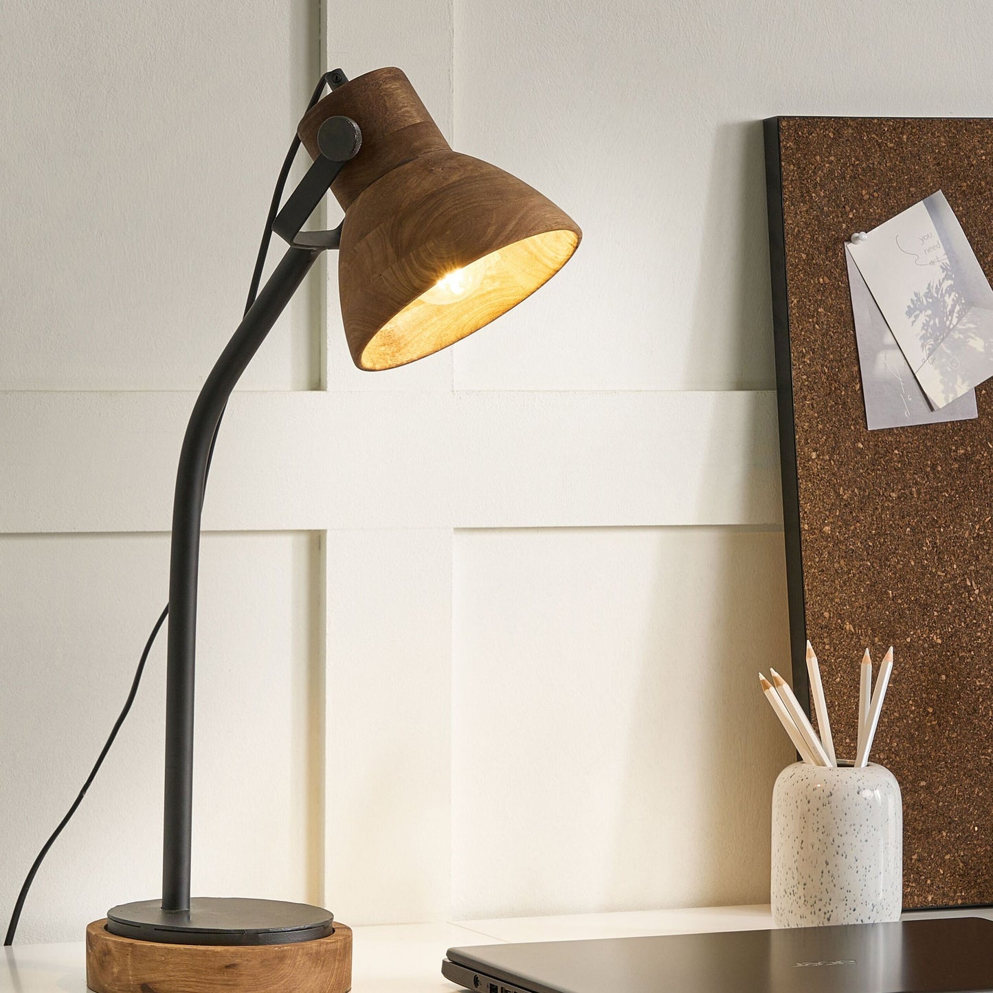 Dark Mango Desk Lamp With Black Base And Wooden Shade Classic Modern Home Lighting