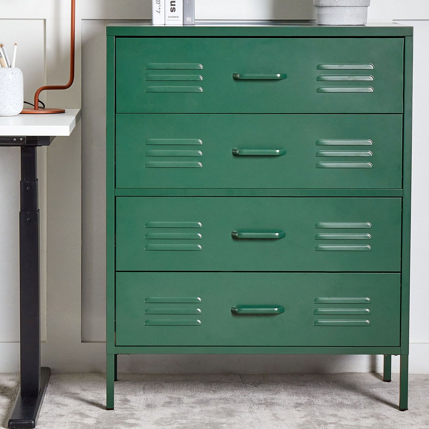 Industrial 4 Drawer Dark Green Metal Chest For Home Office