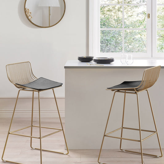 Set Of 2 Gold Metal Bar Chairs With Faux Leather Seat Pads Counter Height