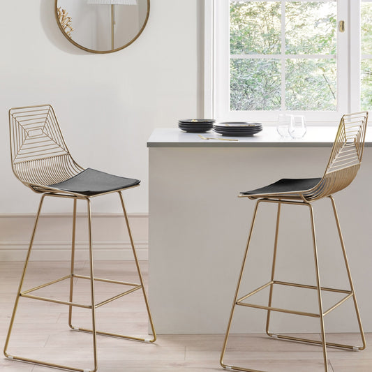 Gold Metal Dining Chairs Set of 2 With Faux Leather Seats