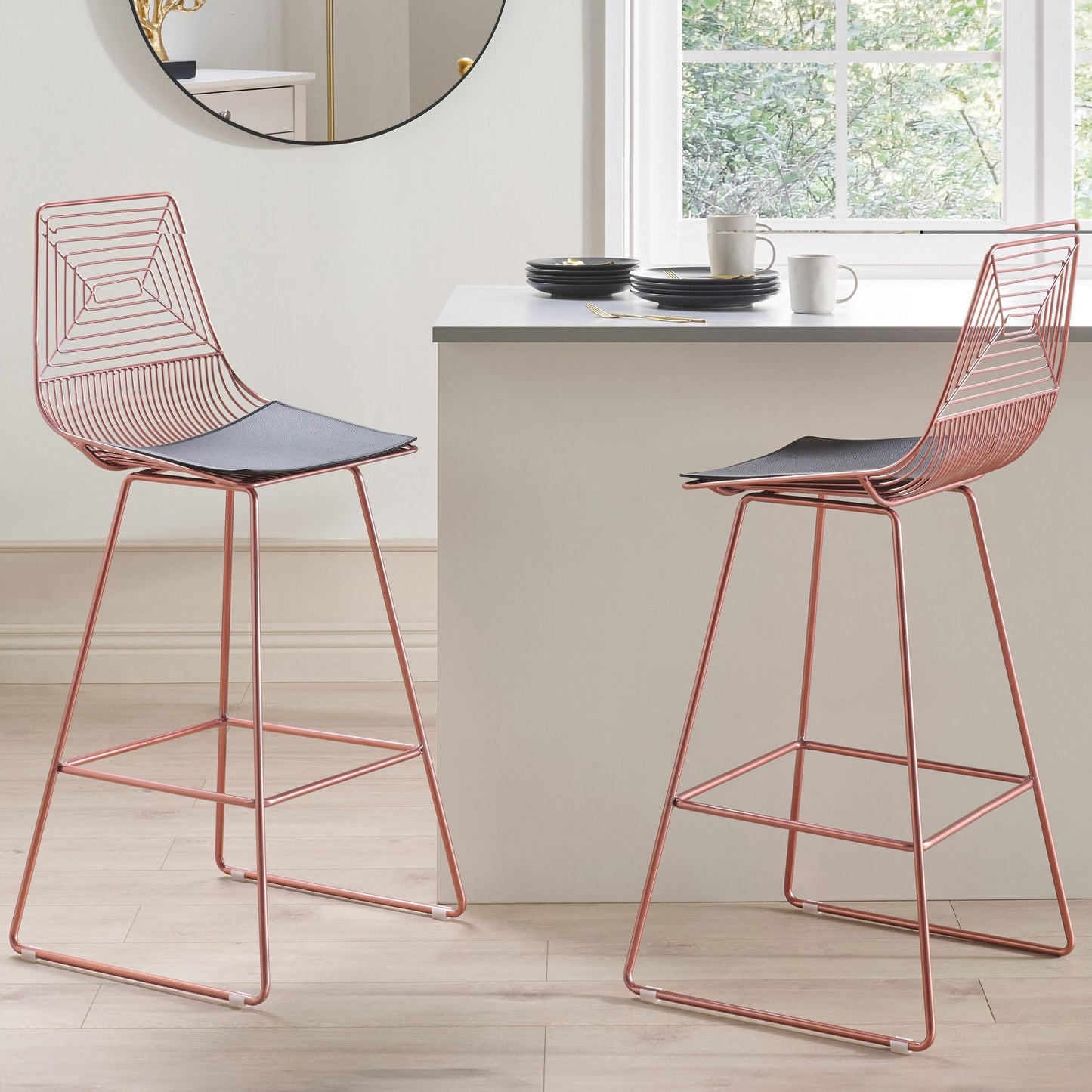 Rose Gold Metal Dining Chairs Set With Faux Leather Seat Pads