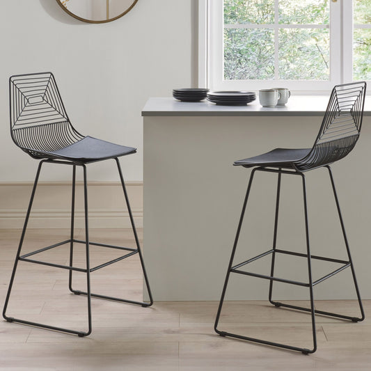 Set of 2 Black Metal Dining Chairs With Faux Leather Seat Pads and Wired Openwork Backrest
