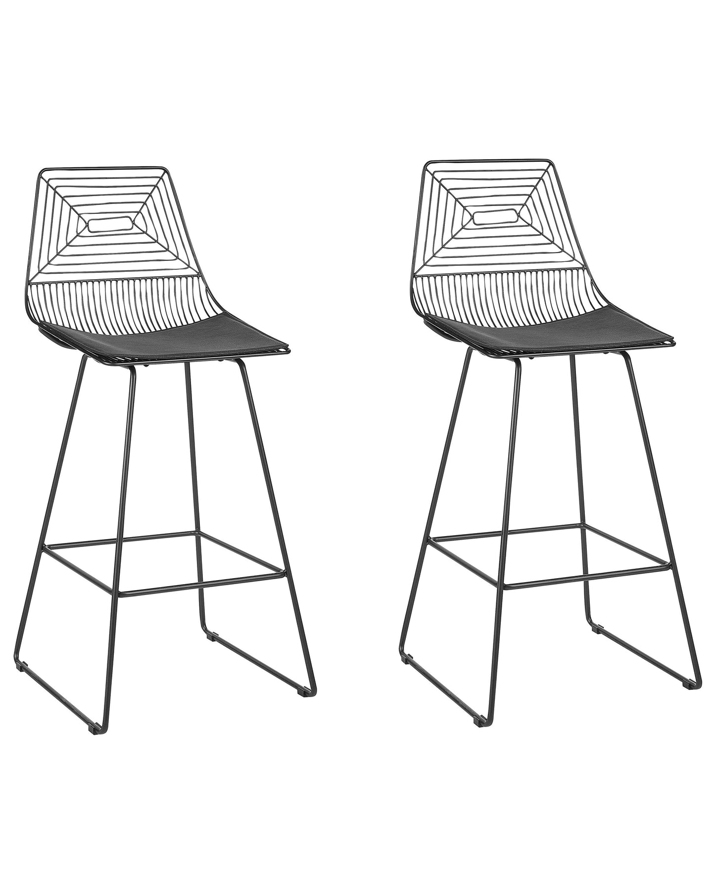 Set of 2 Black Metal Dining Chairs With Faux Leather Seat Pads and Wired Openwork Backrest