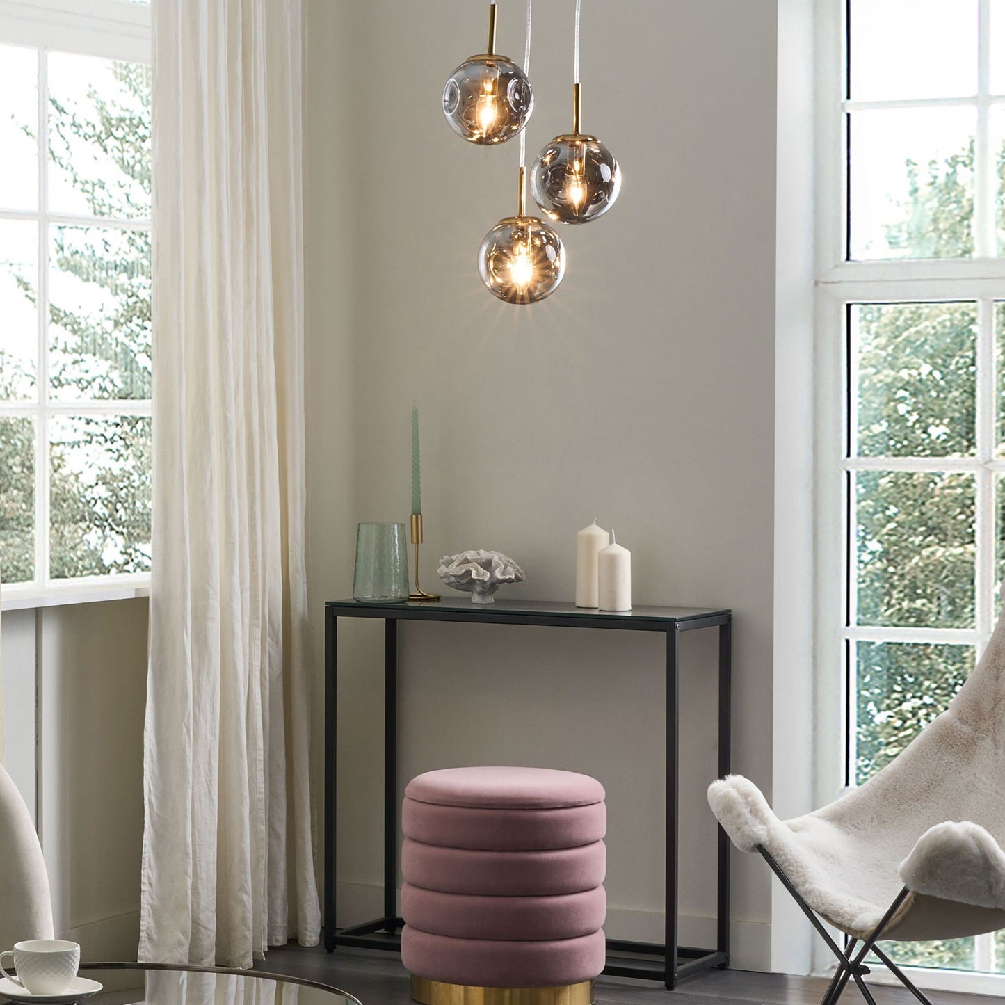 Bea 3 Light Pendant Lamp With Transparent Glass Shades Brass Iron