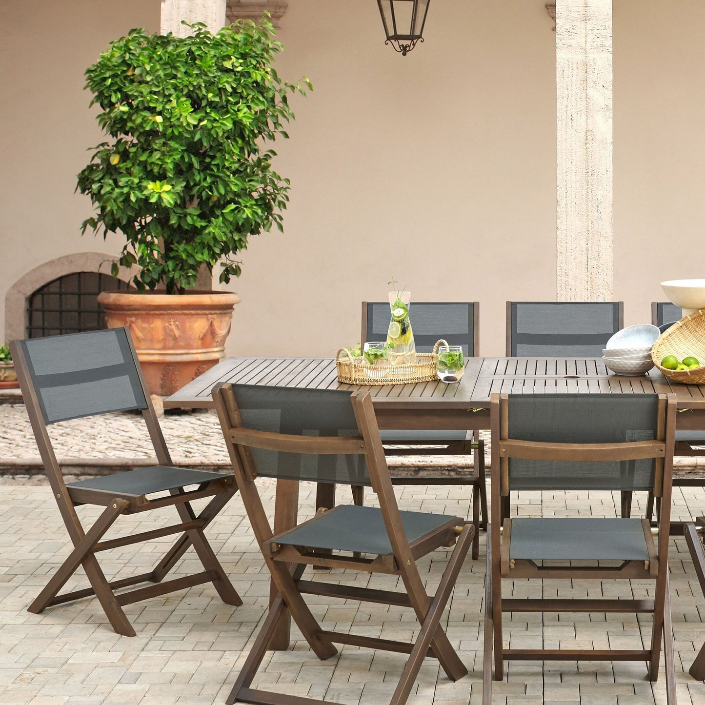 Set Of 2 Folding Outdoor Garden Chairs Dark Acacia Wood With Grey PVC Fabric