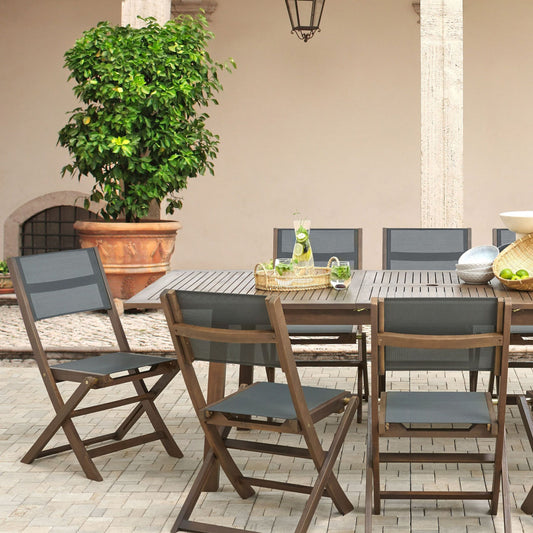 Set Of 2 Folding Outdoor Garden Chairs Dark Acacia Wood With Grey PVC Fabric