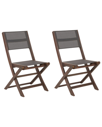 Set Of 2 Folding Outdoor Garden Chairs Dark Acacia Wood With Grey PVC Fabric