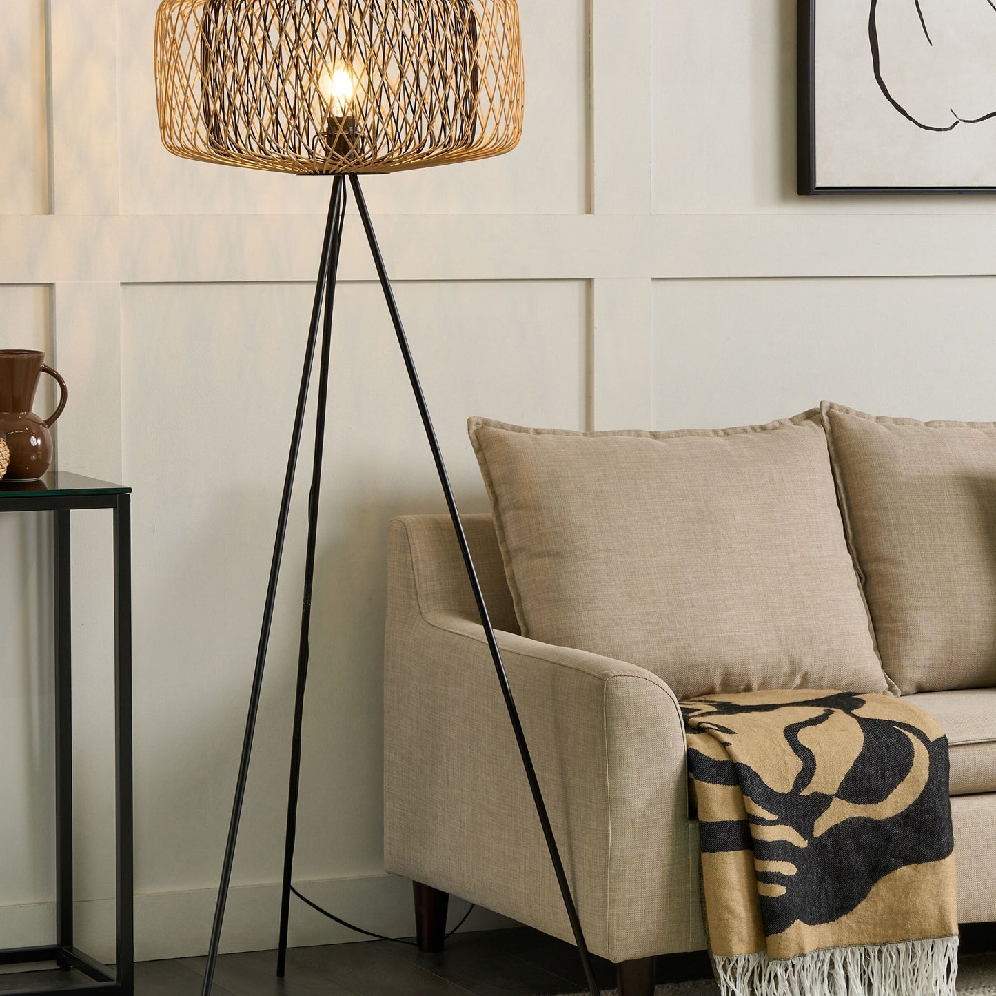 Floor Lamp Natural Bamboo Wood Shade 120cm Metal Base