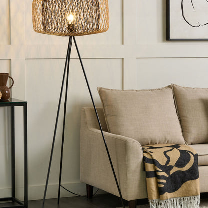 Floor Lamp Natural Bamboo Wood Shade 120cm Metal Base