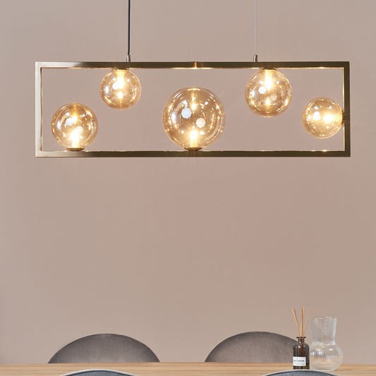 Five Light Pendant Lamp With Rectangular Frame Glam Industrial Style For Living And Dining