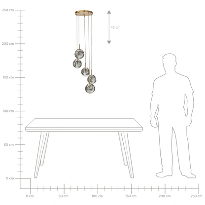Bea 5 Light Pendant Lamp With Transparent Glass Shades In Brass Iron Modern Design For Living Room