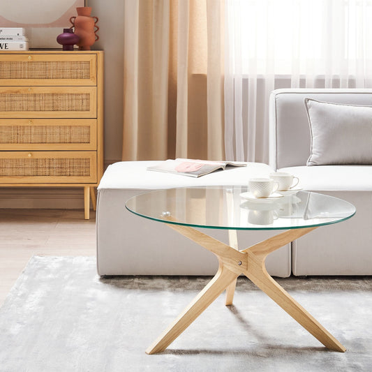 Round Coffee Table With Light Brown Tempered Glass Top And Rubberwood Legs 80cm Modern Living Room