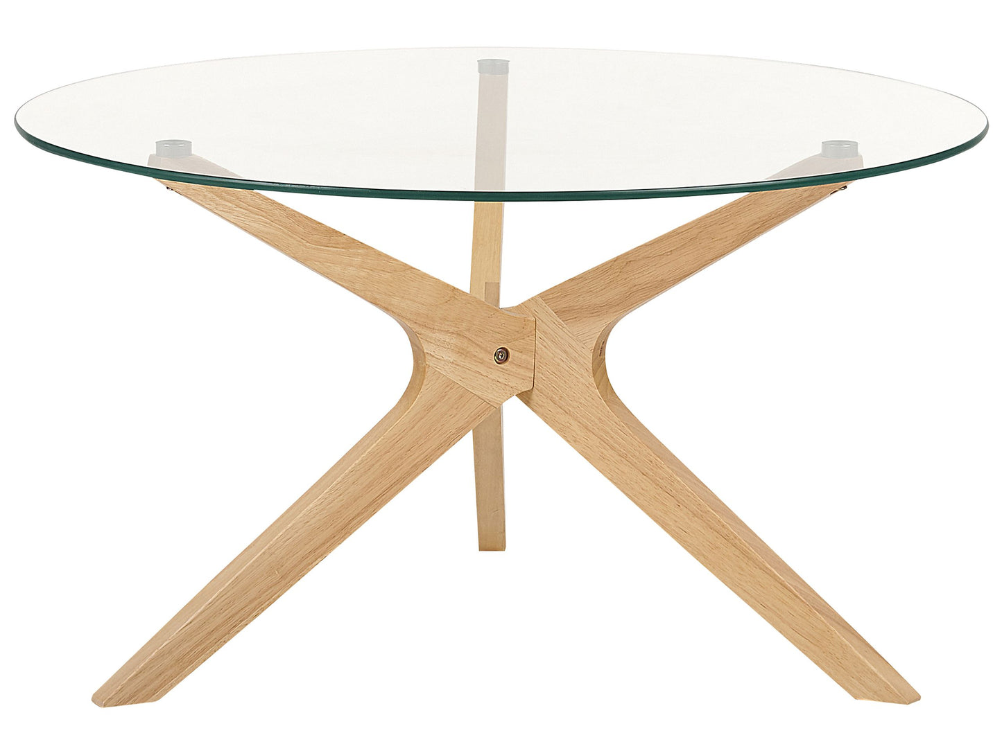 Round Coffee Table With Light Brown Tempered Glass Top And Rubberwood Legs 80cm Modern Living Room