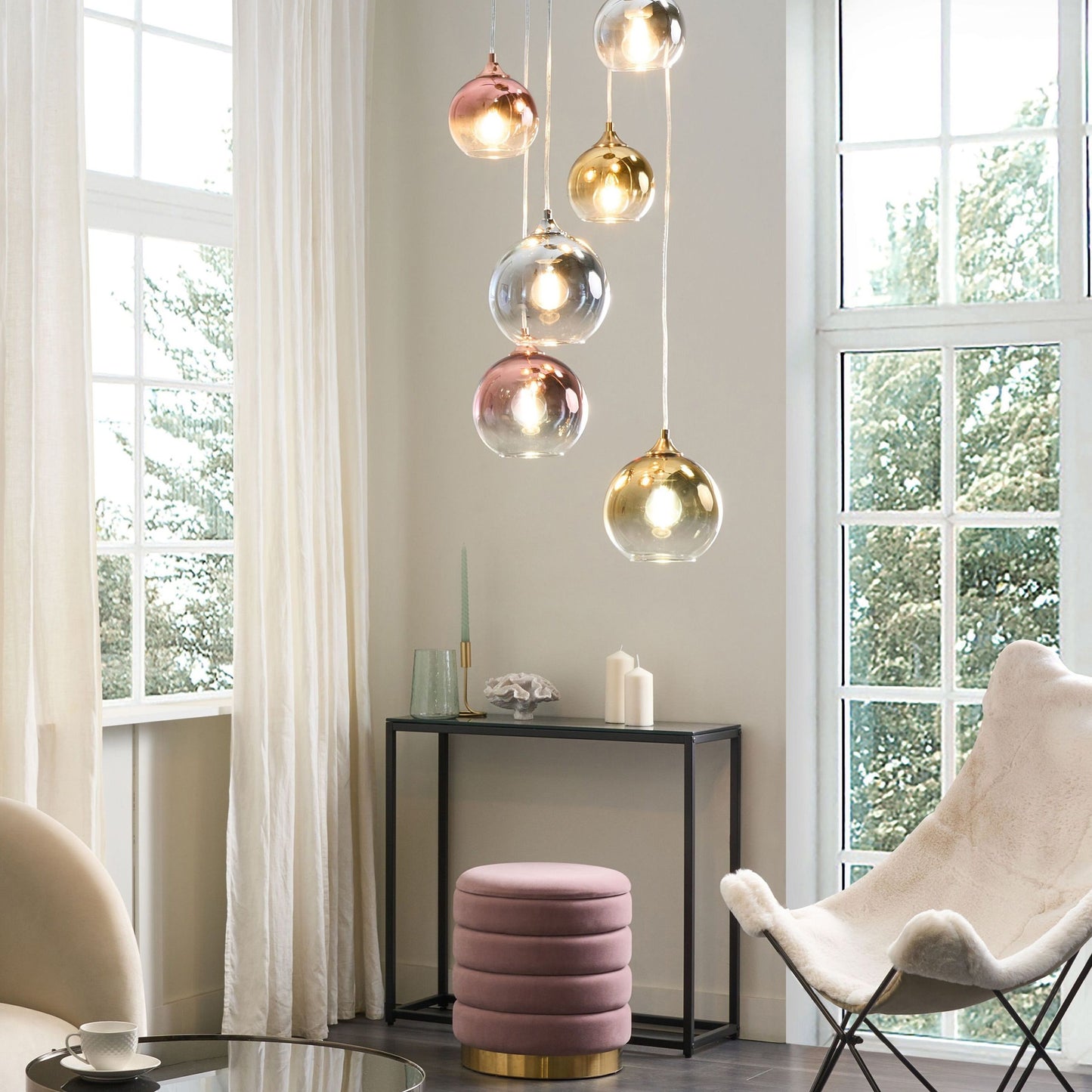 6 Light Pendant Lamp Semi Transparent Brass Glass Shades
