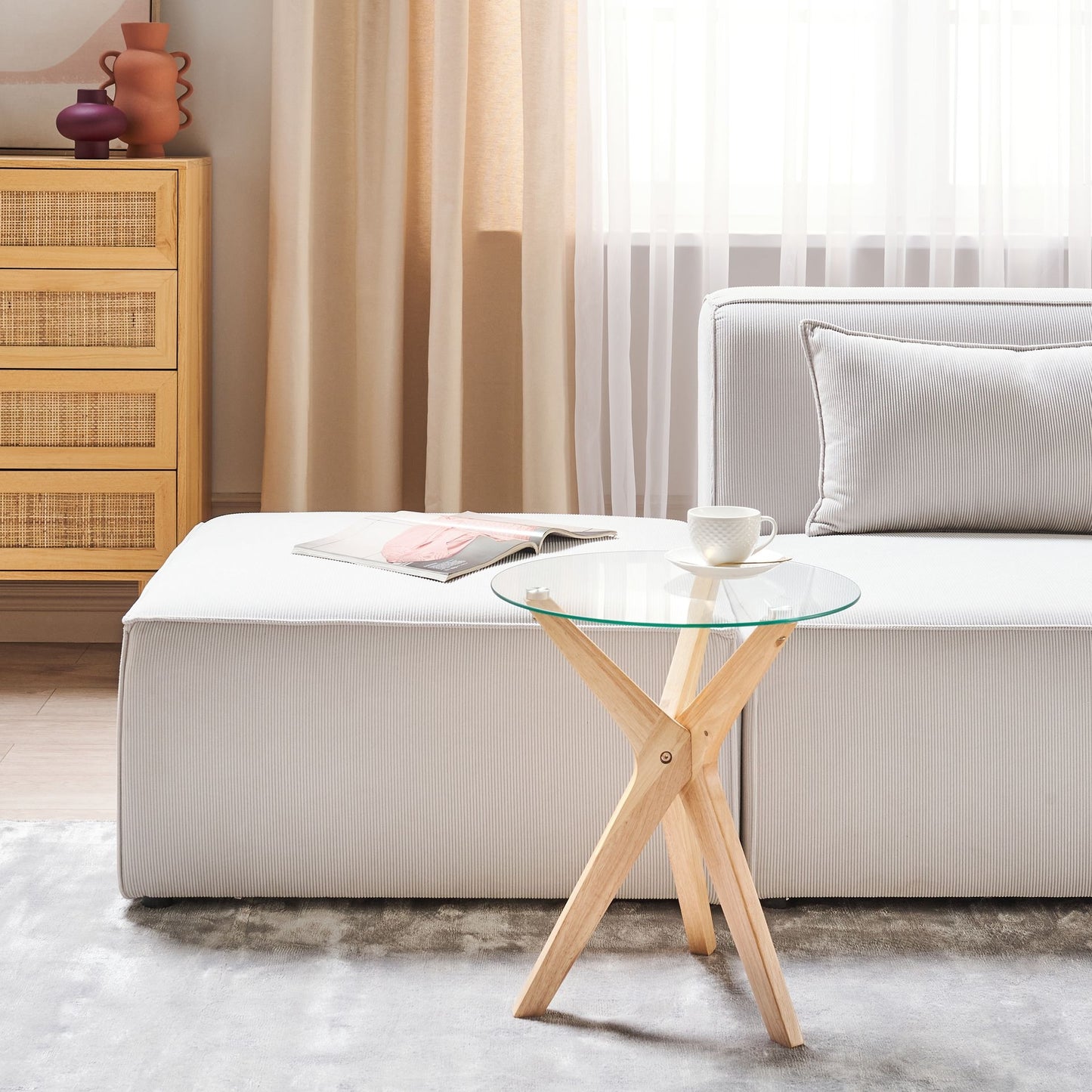 Round End Table Brown Tempered Glass Top Rubberwood Legs 45cm