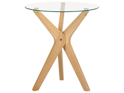 Round End Table Brown Tempered Glass Top Rubberwood Legs 45cm