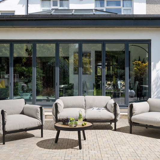 Aluminium Garden Set 2 Seater Sofa Armchairs Black Frame Cushions