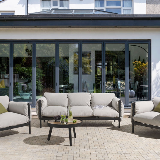 Aluminium Garden 3 Seater Sofa Set With Armchairs Black Frame