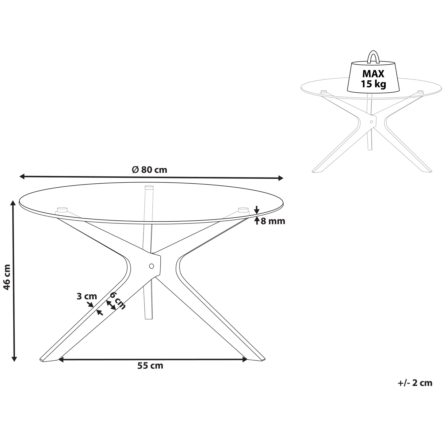 Round Coffee Table With Light Brown Tempered Glass Top And Rubberwood Legs 80cm Modern Living Room