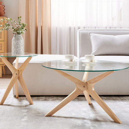Round Coffee Tables Set Of 2 LightBrown Tempered Glass Tops