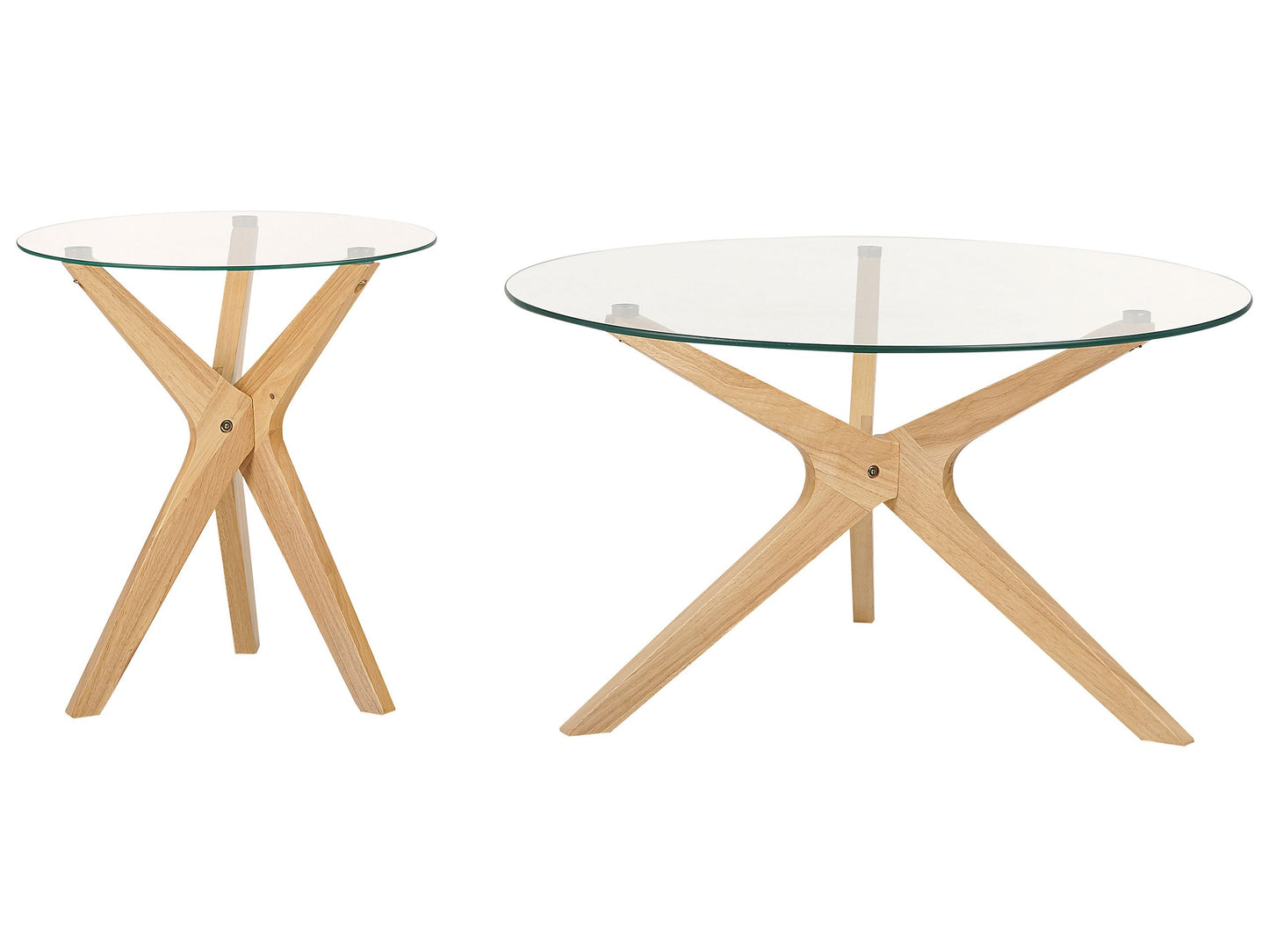 Round Coffee Tables Set Of 2 LightBrown Tempered Glass Tops