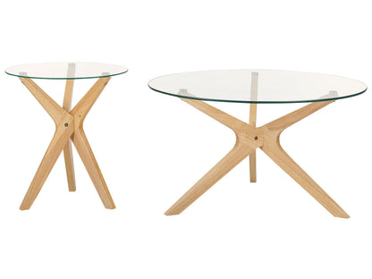 Round Coffee Tables Set Of 2 LightBrown Tempered Glass Tops