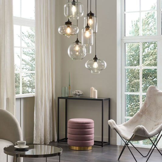 Pendant Lamp 6 Light Transparent Glass Shades Black Iron