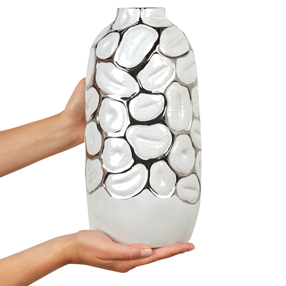 White Stoneware Flower Vase 34cm Silver Detailing