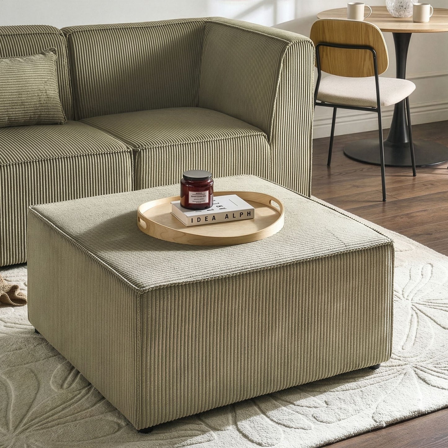 Green Corduroy Ottoman Square Footstool Modern Design
