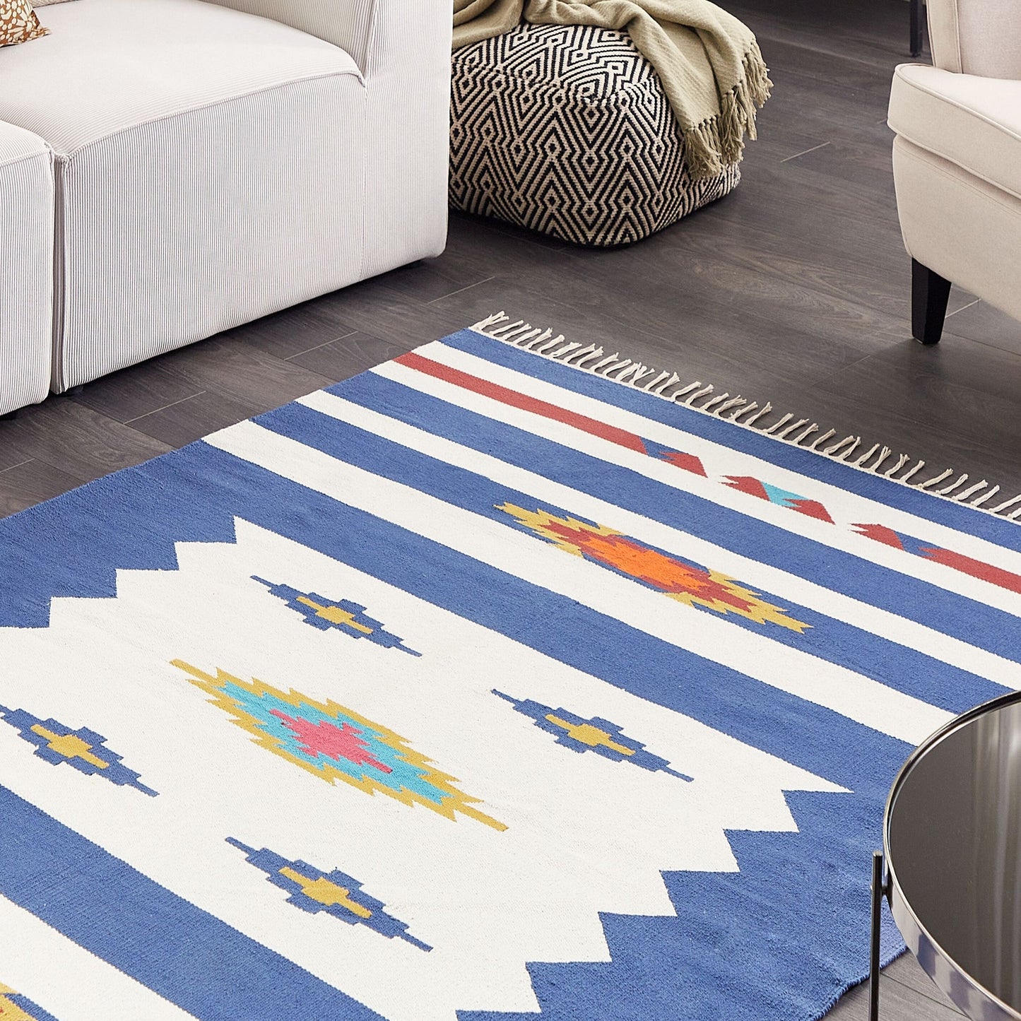Kilim Handwoven Reversible Flat Weave Area Rug 140 x 200cm Multicolour with Tassels Geometric Pattern