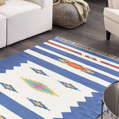 Kilim Handwoven Reversible Flat Weave Area Rug 140 x 200cm Multicolour with Tassels Geometric Pattern