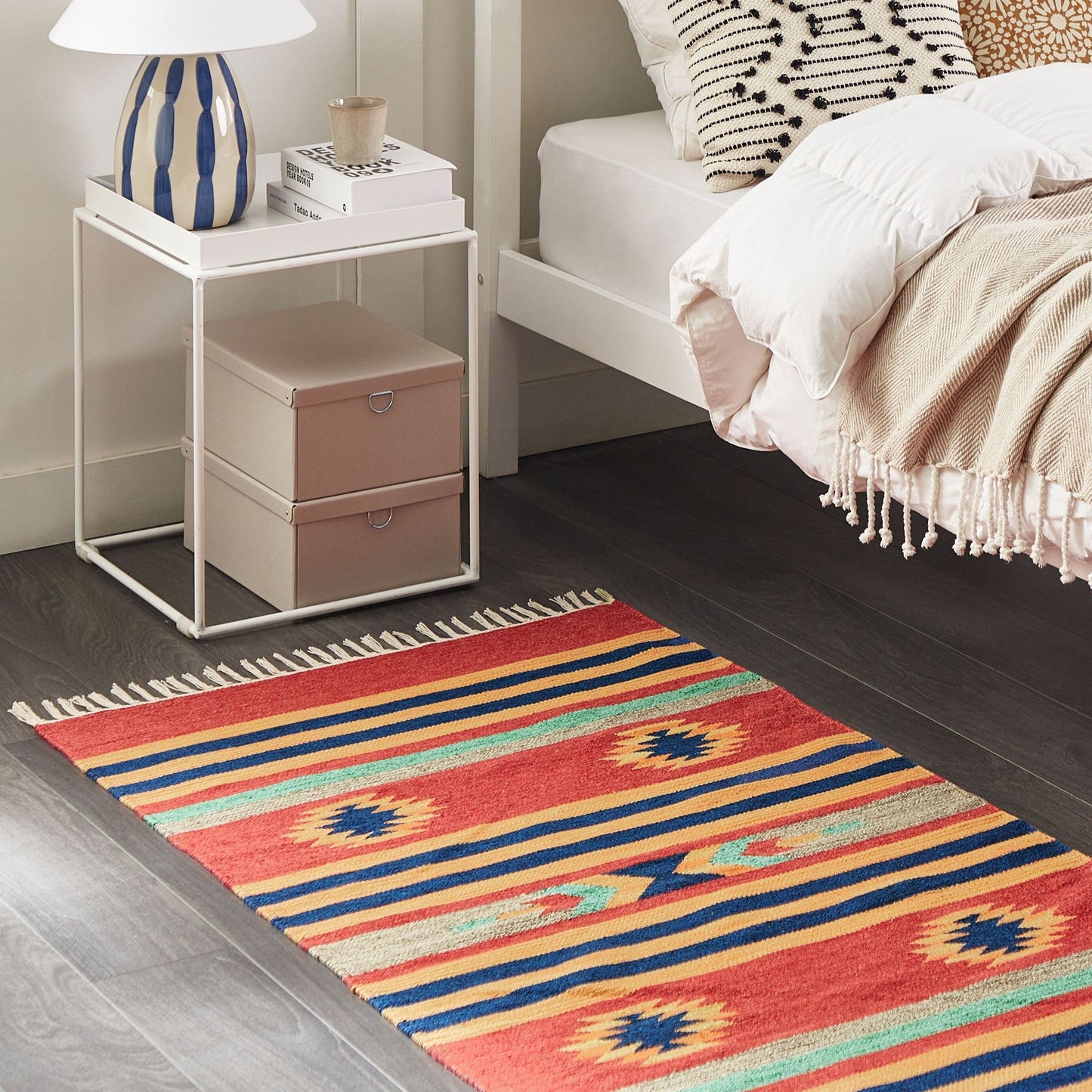 Kilim Handwoven Multicolor Cotton Area Rug 80 x 150 Reversible Tassels