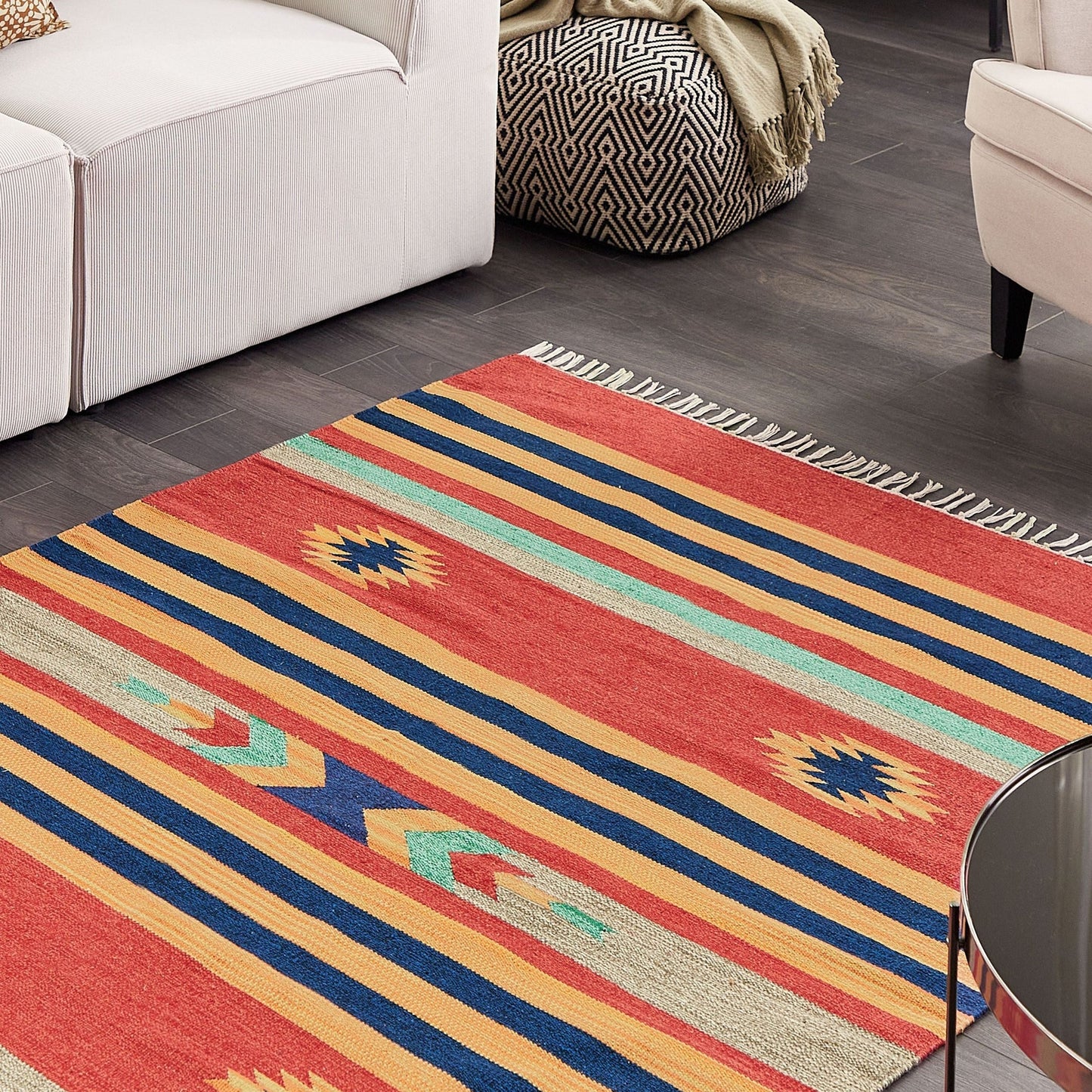 Kilim Handwoven Cotton Area Rug 140 x 200cm Multicolour Geometric Pattern Reversible Flat Weave Tassels