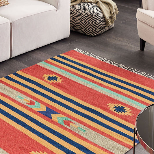 Kilim Handwoven Cotton Area Rug 140 x 200cm Multicolour Geometric Pattern Reversible Flat Weave Tassels