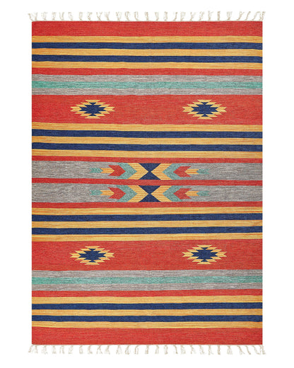 Kilim Handwoven Cotton Area Rug 140 x 200cm Multicolour Geometric Pattern Reversible Flat Weave Tassels